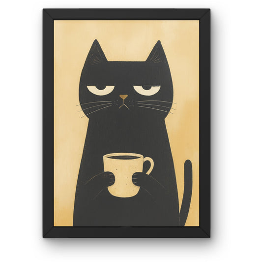 Black Cat with Coffee Framed Wall Art