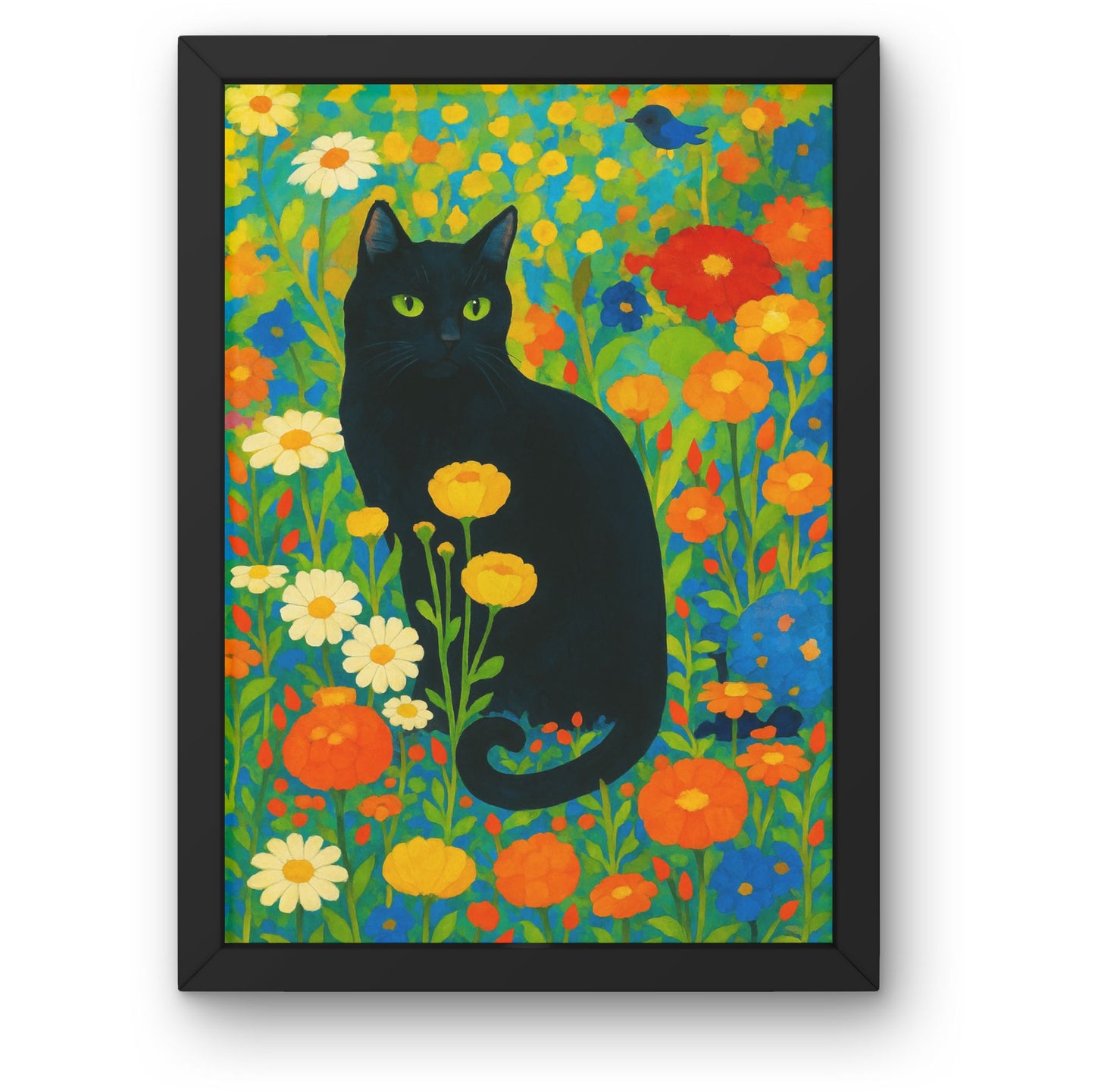 Black Cat in Colorful Flowers Framed Wall Art