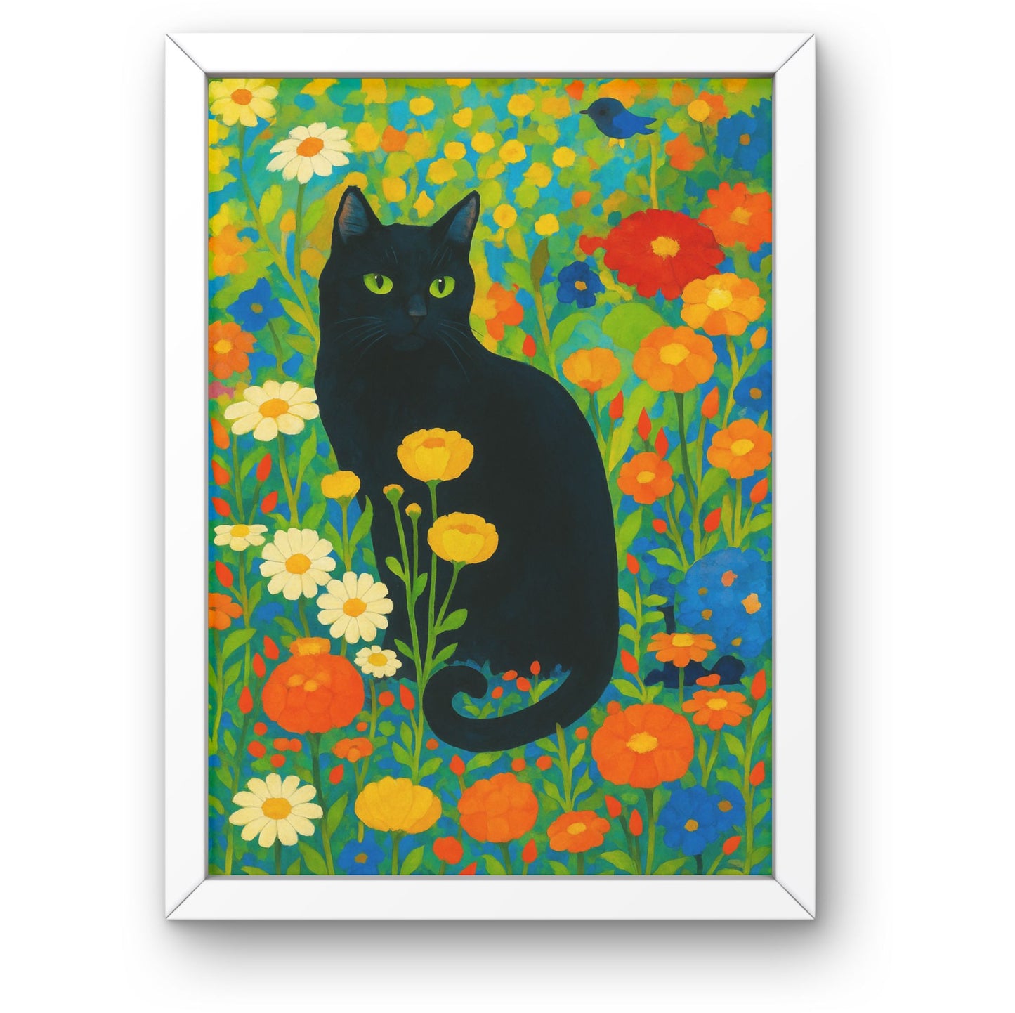 Black Cat in Colorful Flowers Framed Wall Art