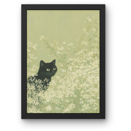Black Cat in Flowers Framed Wall Art