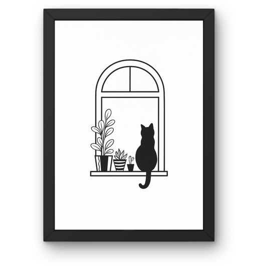 Minimalist Cat by the Window – Black and White Framed Wall Art
