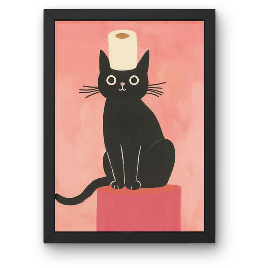 Black Cat with Toilet Paper Framed Wall Art