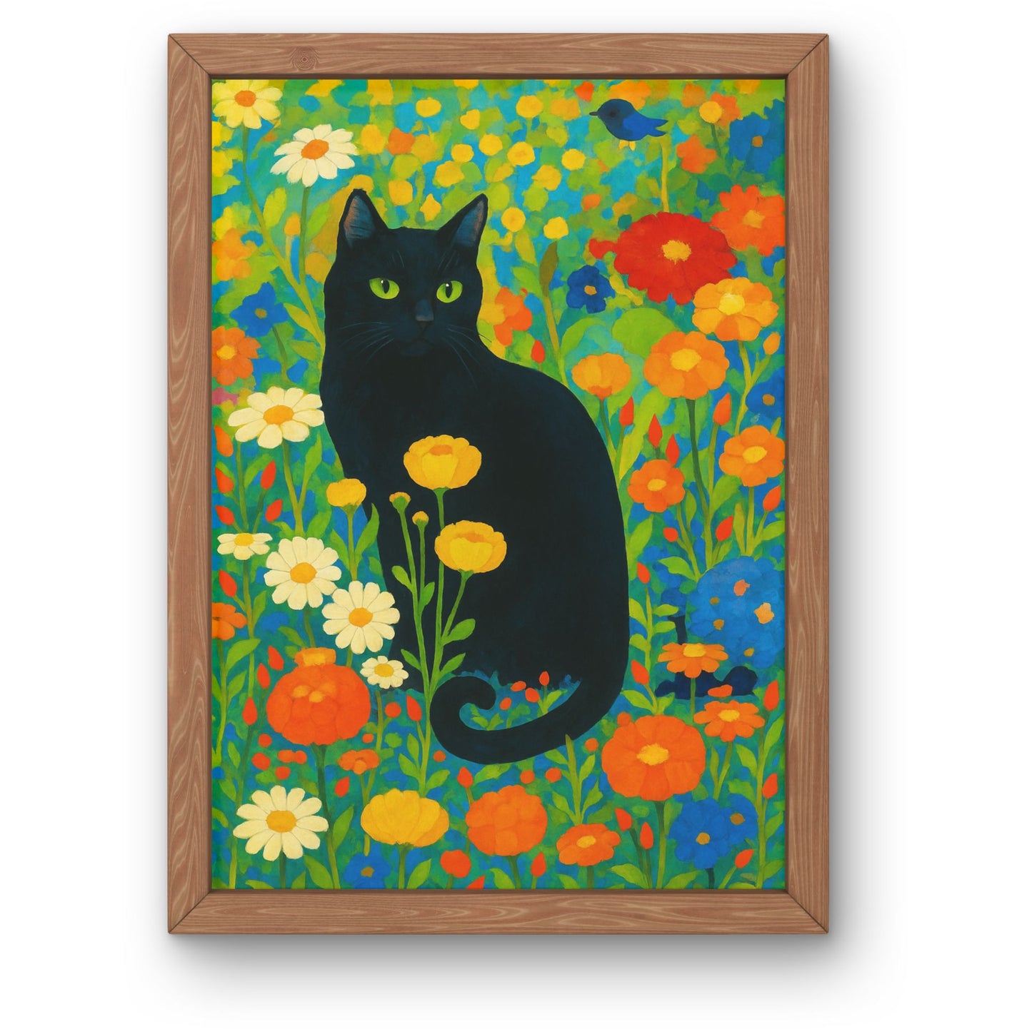 Black Cat in Colorful Flowers Framed Wall Art