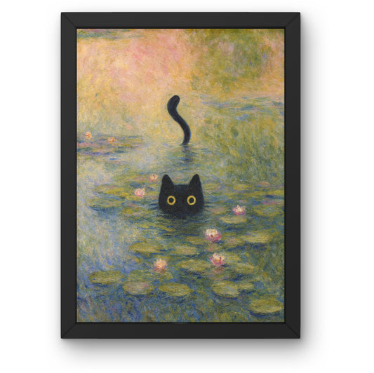Cat in the Water Lilies – Monet Inspired Framed Wall Art