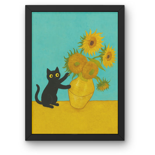 Cat with Sunflowers – Van Gogh Inspired Wall Art
